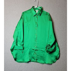 H&M Emerald Green LS Oversized Button Up Holiday Party Blouse Women's Medium